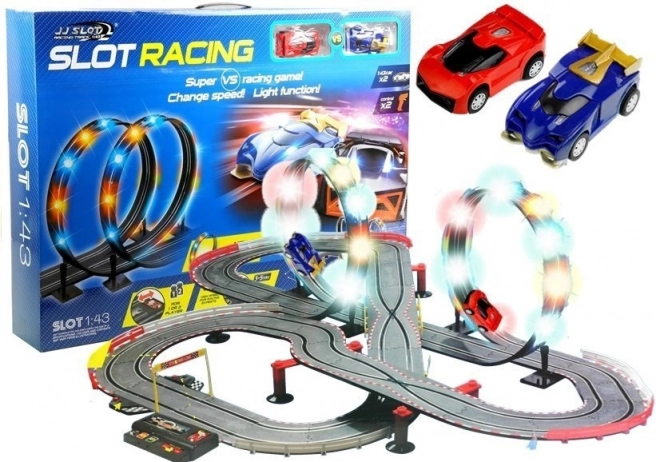 Racer-slotbanesæt med LED-loop 1:43, 2 biler