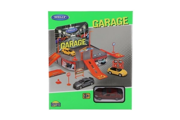 Welly Garage + bil Welly Porsche metal/plastik i kasse 21x25x5,5cm