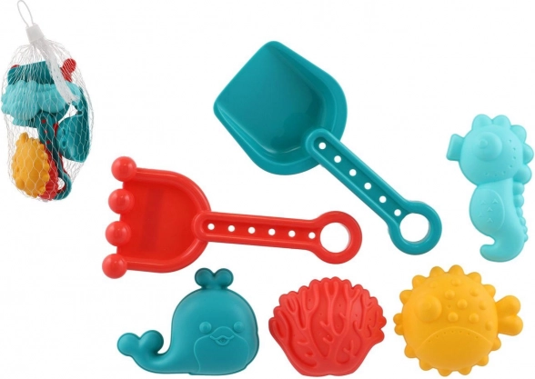 Plastsæt til sand for børn med skovl, rive og forme i net