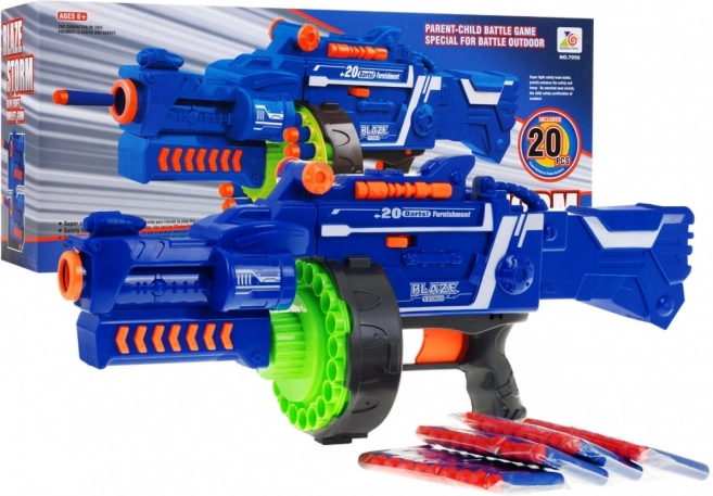 Halvautomatisk legetøjspistol BLAZE STORM 6+ med tromlemagasin og 20 skumpile