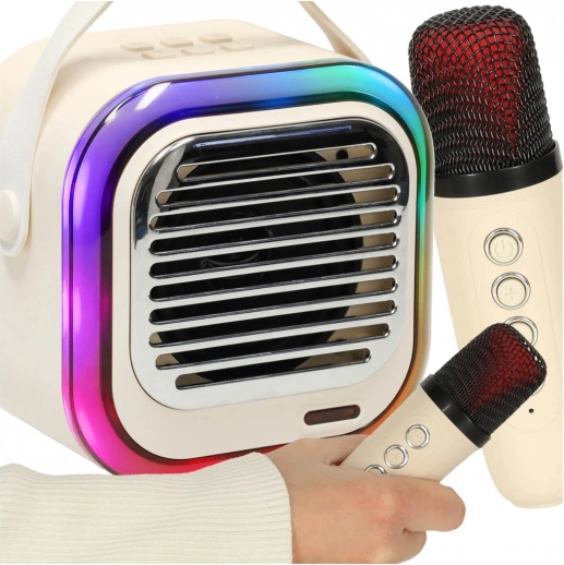 Karaokesæt med Bluetooth-højttaler 10 W, 2 trådløse mikrofoner og RGB LED – creme