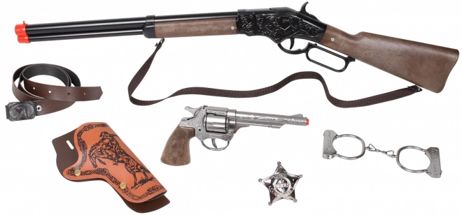 Kovboysæt stor - riffel, revolver, håndjern, sherifstjerne