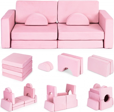 Stor todelt modulær foldesofa til børn DIY med 10 bløde puder - lyserød ECOTOYS