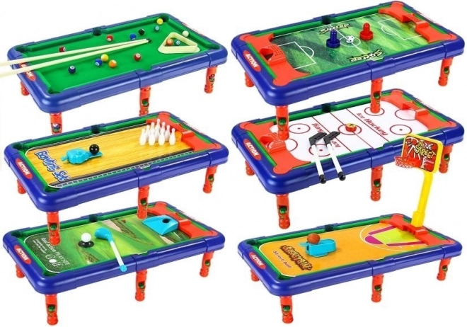Børnespillebord 6-i-1 – bordfodbold, billiard, hockey, basketball, kegler og golf