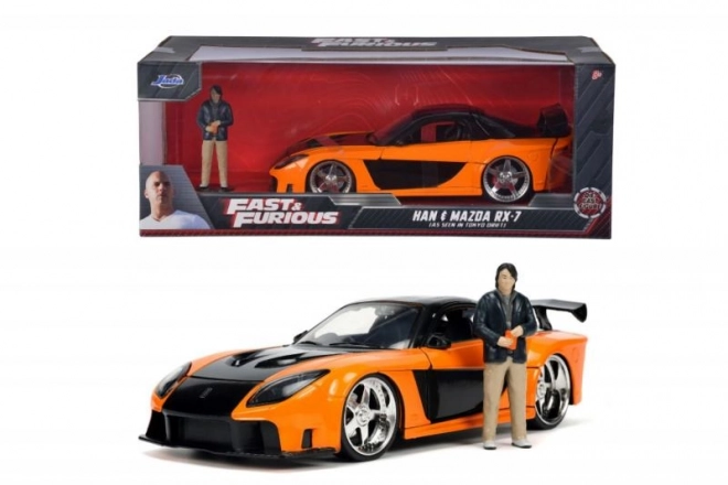 Hurtig og vred modelbil 1997 Mazda RX-7 med figur Han Lue