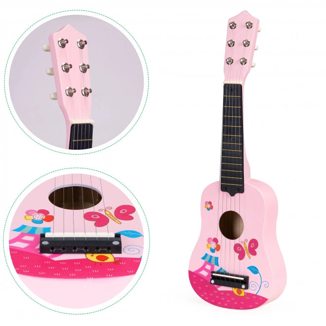 Børneguitar i træ med metalstrenge, lyserød ECOTOYS
