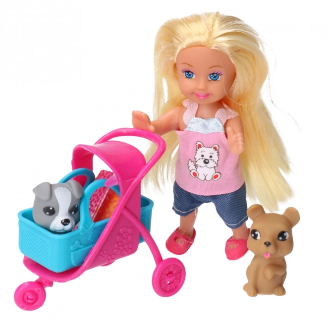 Sæt med mini dukke, barnevogn og hunde