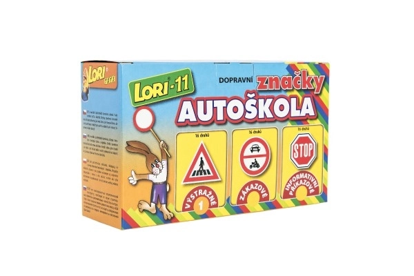 Byggesæt LORI 11 Køreskole Trafikskilte 16stk+2 kegler+bil plast i æske 22x13x6cm