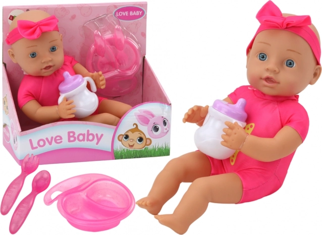 Stofdukke baby med lyserødt hårbånd og fodersæt