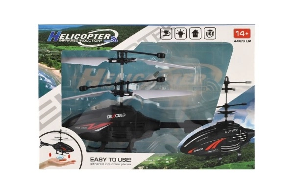 Plasthelikopter 16cm reagerer på håndbevægelse med USB-opladningskabel i kasse 22x15x5cm