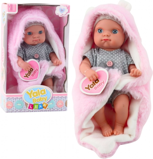 Stofdukke baby i grå pyjamas med lyserød tæppe med kaninører 23 cm