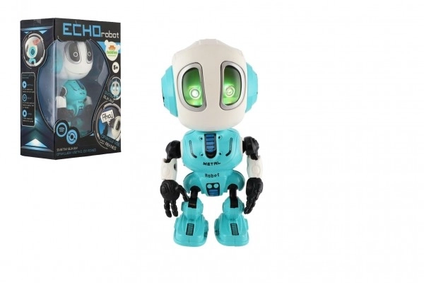 Robot ECHO gentagende sætninger metal 12cm blå på batterier med lyd og lys i æske 10,5x15x5,5cm