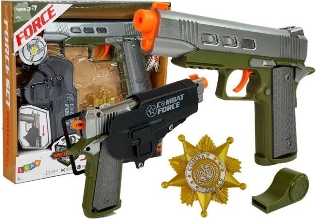 Politisæt med pistol 20 cm, badge, fløjte og hylster med lys- og lydeffekter