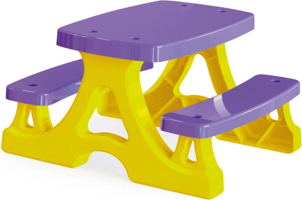 Plastisk picnicbord med bænke, gul‑lilla