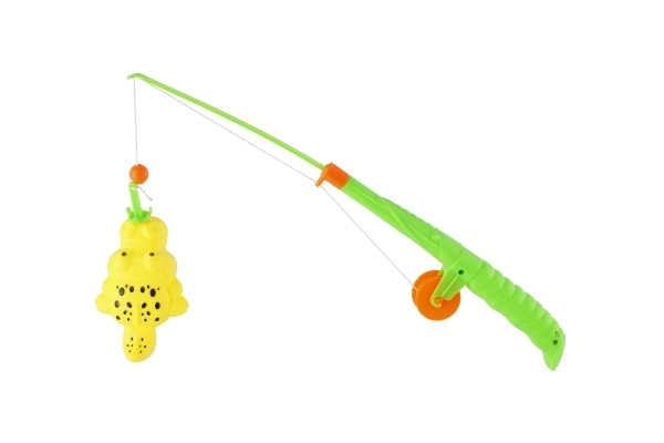 Fiskespil/fisker magnetisk plastik 3 stk.+stang plastik 34cm mix farver på kort