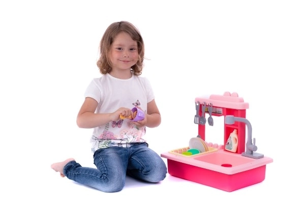Vask til opvask pink + vandhane med batterier plastik med tilbehør i kassen 46x28x12cm