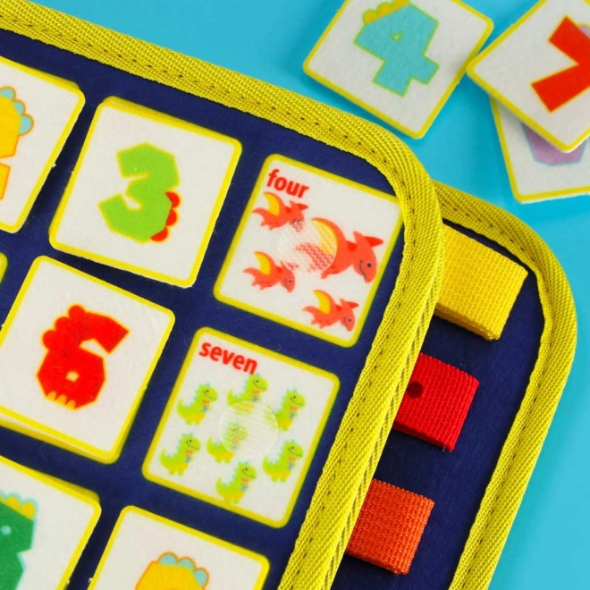 Montessori sensorisk manipulationsplade med dinosaurmotiv blå
