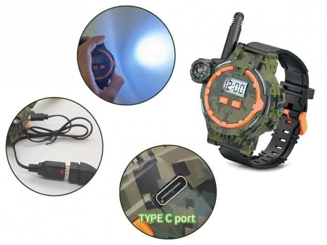 Militærur med walkie-talkie og kompas