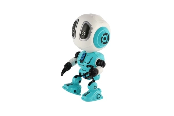 Robot ECHO gentagende sætninger metal 12cm blå på batterier med lyd og lys i æske 10,5x15x5,5cm