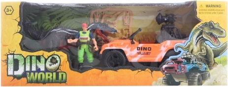 Sæt med dinosaur med terrængående bil og figurer