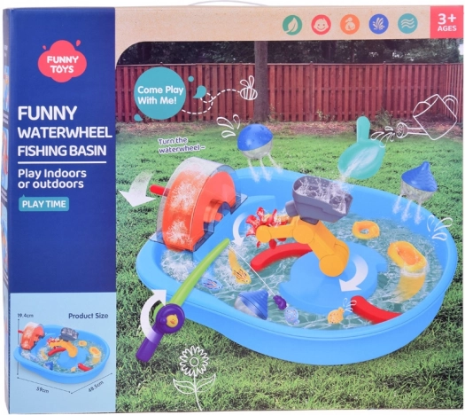 Blåt vandbord med møllehjul og fiskeri tilbehør