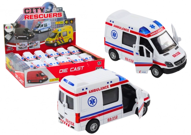 ambulance legetøj med åbne døre, lys og lyd 1:32 hvid