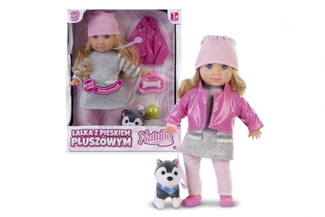 Dukke Natalia med en plys-hund 35 cm