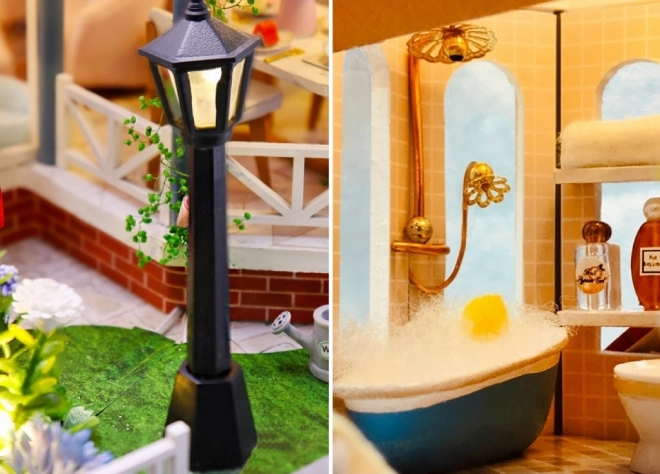Ni miniature huse farvet glasur hus