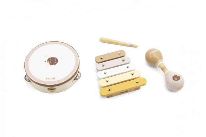 Træsæt med musikinstrumenter med pindsvin