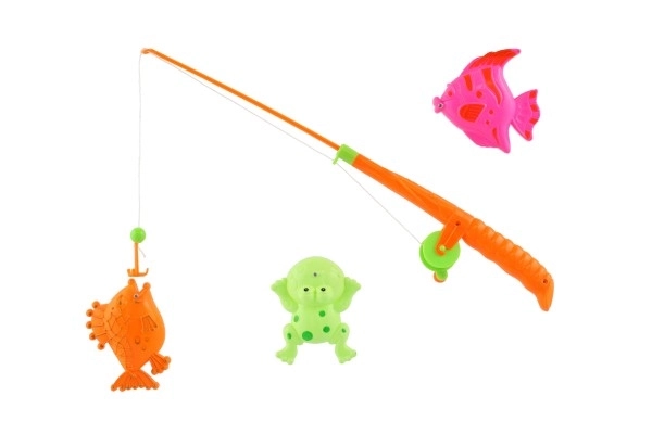 Fiskespil/fisker magnetisk plastik 3 stk.+stang plastik 34cm mix farver på kort