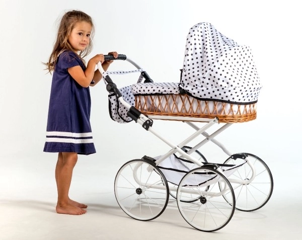 Retro Monika dukkevogn, hvid struktur med polkaprikker, justerbart håndtag 76 cm
