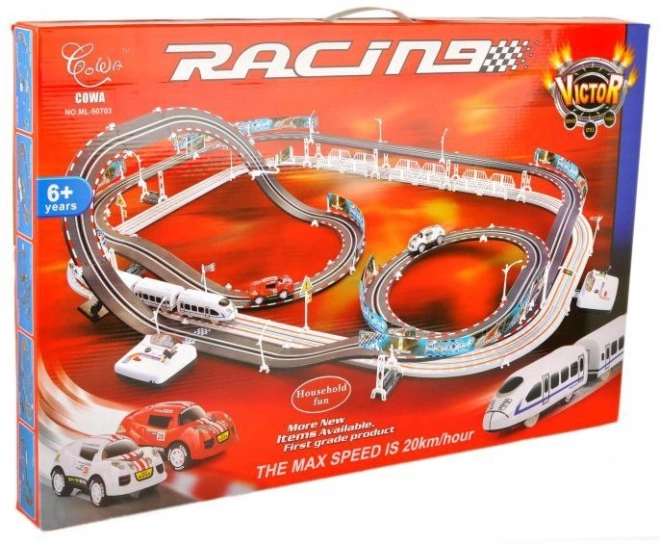 Elektrisk jernbane Racetrack 2-i-1 for børn 6+ med fjernbetjening + lokomotiver + vogne + biler