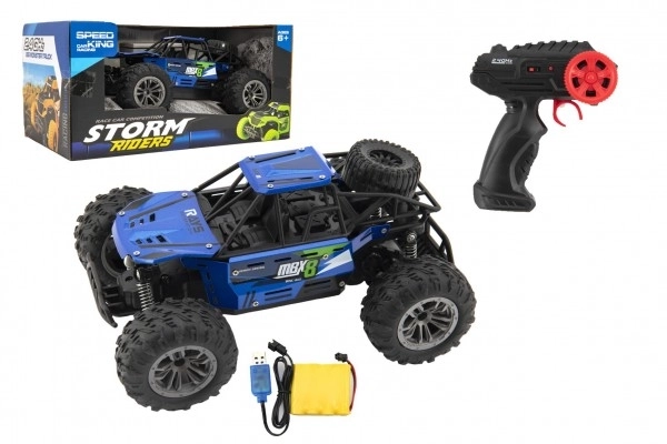 Auto RC buggy terræn blå 22cm plast 2,4GHz på batterier + genopladeligt pack i æske 32x16x18cm
