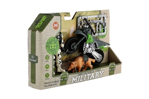 Militært sæt plastik motorcykel, soldat, hund med tilbehør i kasse 23x14x4cm