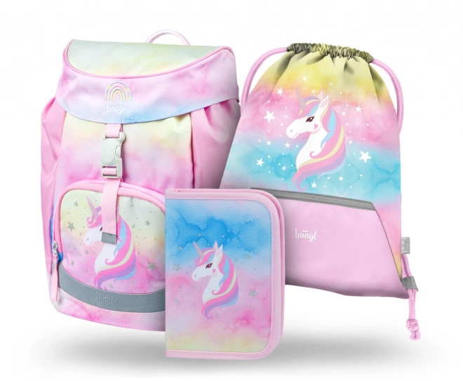 BAAGL SÆT 3 Airy Rainbow Unicorn: skoletaske, penalhus, pose