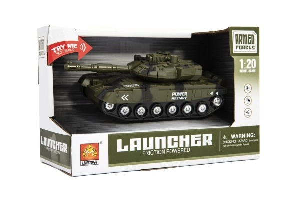 Tank plast 20cm på svinghjul på batterier med lys og lyd i kassen 24x16x11cm