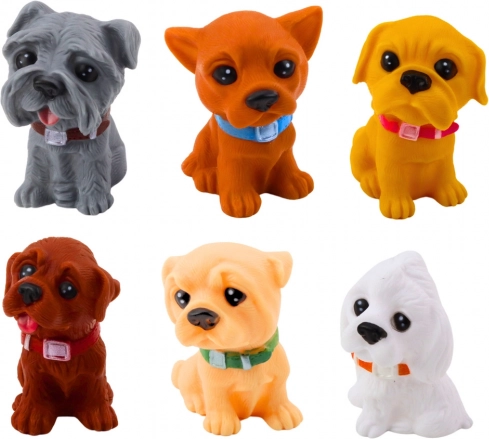 Sæt med søde hundehvalpe-figurer, gummi, 6 stk.