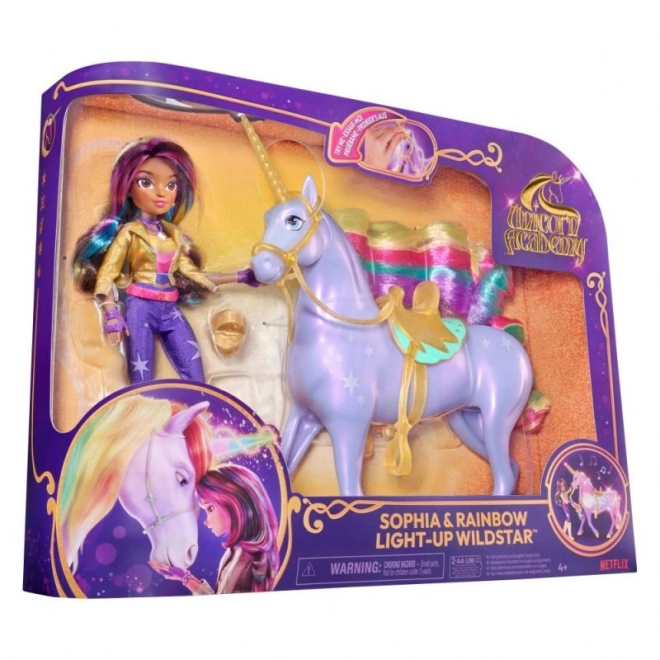 UNICORN AKADEMIET LYSENDE ENHJØRNING WILDSTAR MED DUKKEN SOPHIA 24cm