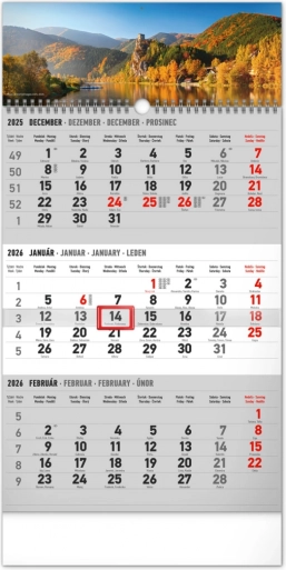 Notique vægkalender med tre måneder Landskab, slovakiske navne 2026, 29,5 × 43 cm, grå