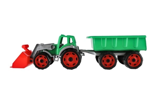 Traktor/lastmaskine/graver med trailer i liggende plast til fri kørsel 2 farver i net 16x61x16cm