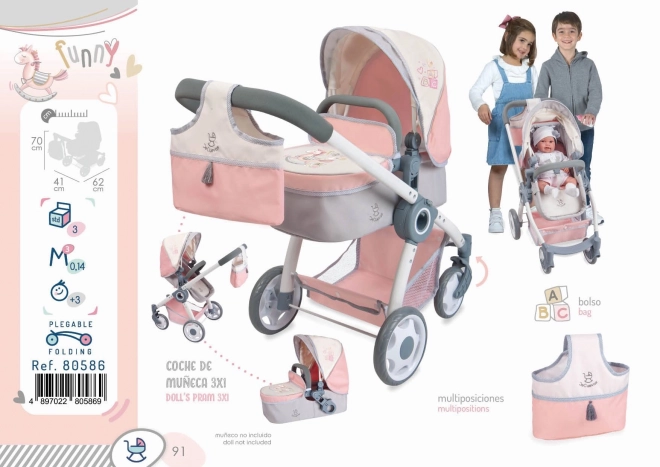 DeCuevas 80586 Sammenklappelig dukkevogn 3 i 1 med taske FUNNY 2023 - 70 cm