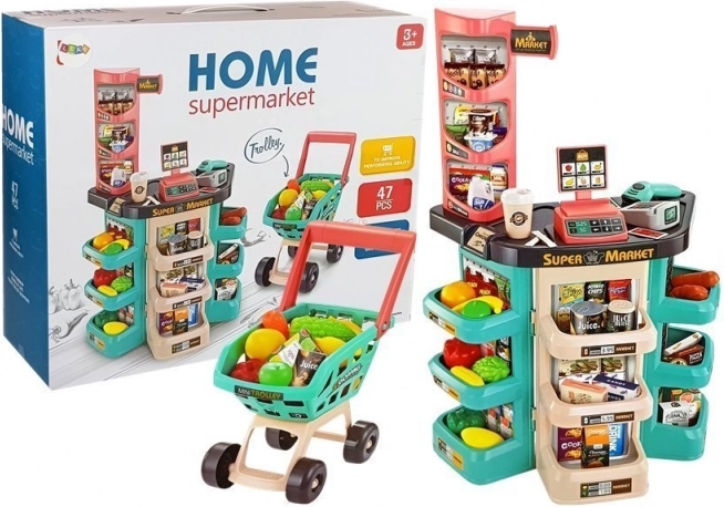 Supermarkedssæt til børn med kurv, kasseapparat, vægt og scanner (47 dele)