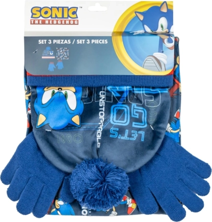 Sæt til børn til vinteren SONIC – hue med kvast, handsker og halsedisse