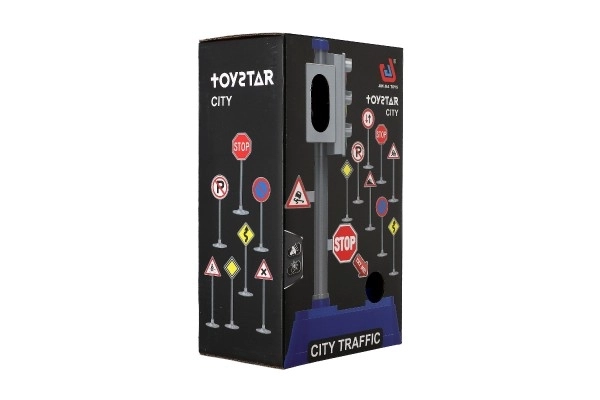 Trafiklys med skilte plast 14x24cm på batterier med lys og lyd i æske 14x24,5x9cm