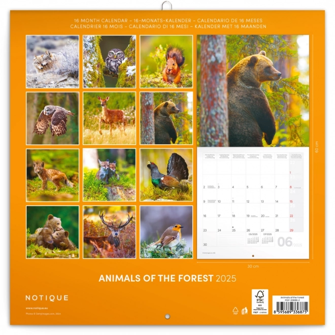 NOTIQUE Notatkalender Skovens dyr 2025, 30 x 30 cm
