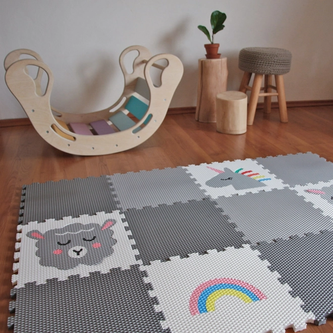 Minideckfloor gulv 12 dele - får, lama, enhjørning, regnbue