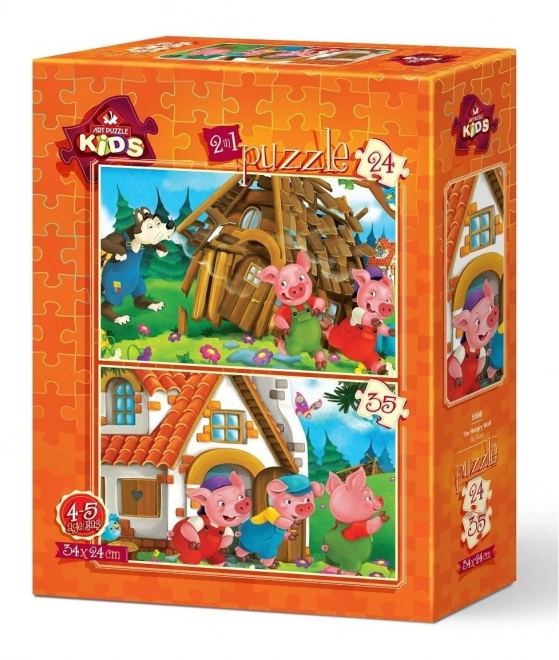 ART PUZZLE De tre små grise – sæt med 2 puslespil (24 og 35 brikker), 34 × 24 cm