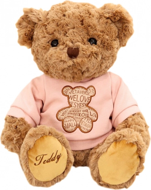 Plysset bamse i lyserød T‑shirt brun 30 cm
