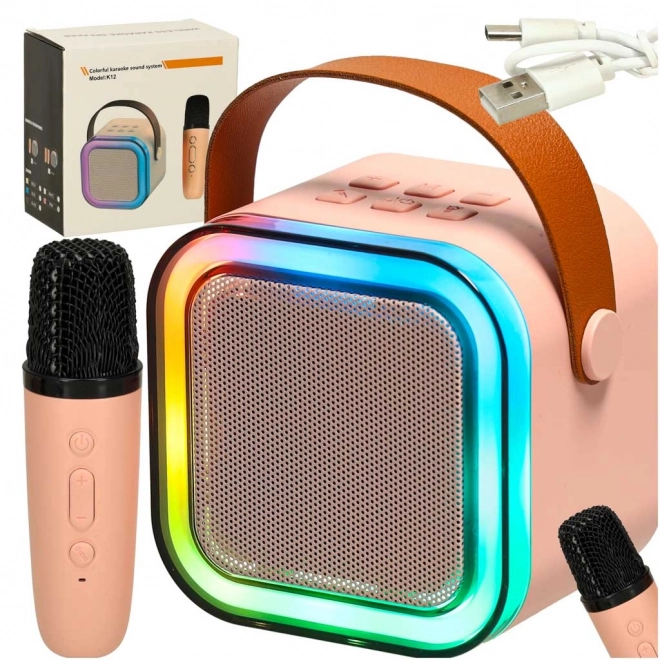 Karaokesæt mikrofon + transportabel højttaler BLUETOOTH USB LED pink