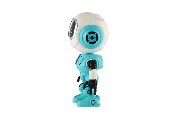 Robot ECHO gentagende sætninger metal 12cm blå på batterier med lyd og lys i æske 10,5x15x5,5cm